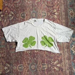 White Crop Top with Green Shamrocks Womens medium Shake your Shamrocks